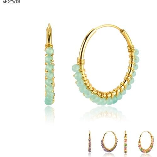 ANDYWEN 925 Sterling Silver Two Size Green Summer Pendiente Malia Moonstone Hoops Loops Big 40mm Luxury Women Fashion Jewelry