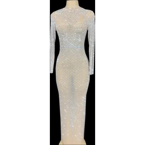 Shing Rhinestones Transparent Long Dress Women Birthday Celebrate Prom Wedding Party Elegant Dress Singer Stage Bodycon Dresses