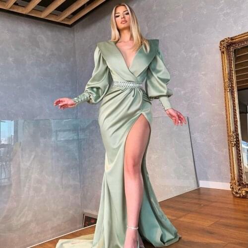Liaht Green Moroccan Caftan Evening Dress V-Neck Floor Length High Split Summer Dress Saudi Arabia Special Occasion Prom Dress