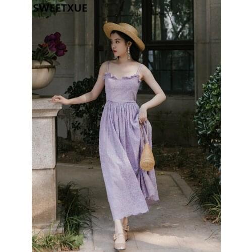 SWEETXUE 2021 Women Summer Vintage Elegant Temperament Sweet Cotton Lace Embroidered Spaghetti Strap Chic Fairy Purple Dress