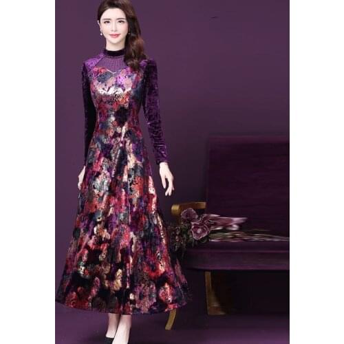 2020 Fall Winter Vintage Womens Stand Collar Beading Velvet Floral Pattern Patchwork Dress , Velour Dresses for Woman Clothes