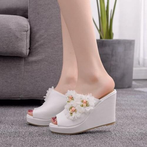 2021 Women Flowers Platform Wedge Thick Sole Sandals High Heels Mules Slides Summer White Wedding Party Shoes H0153
