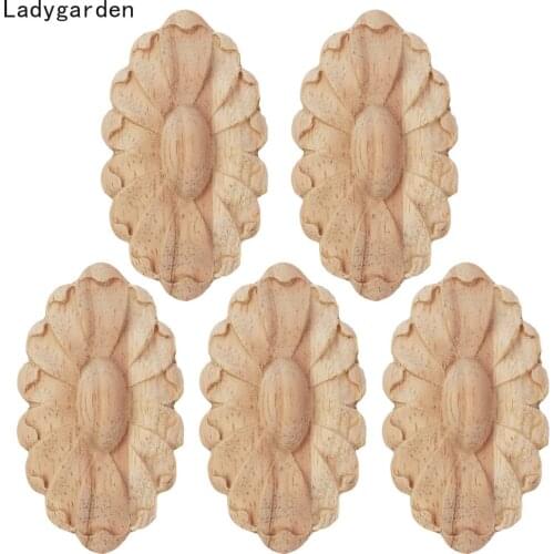 5PCS 7x5cm Wood Applique Furniture Accessories Wooden Oval Statues Flower Craft Wedding Decoration Home Decor Sculptures