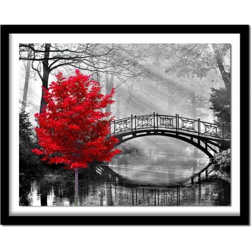 5D DIY Diamond Painting "red tree and bridge" Embroidery Full Square Diamond Cross Stitch Decor Gift