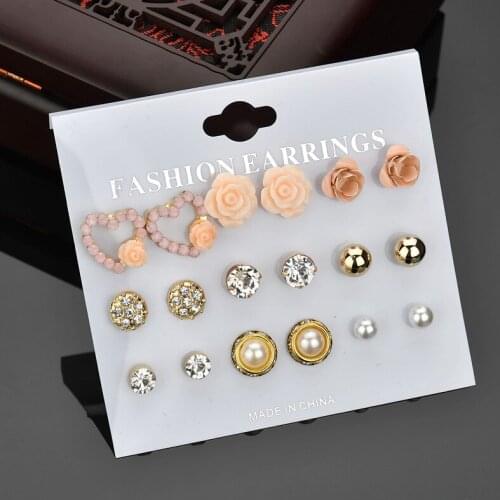 9pairs/set Trendy New Crystal Pearl Earrings for Women Fashion Personality Hollow Heart Flower Statement Stud Earrings Jewelry