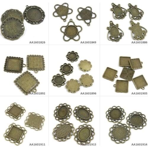 Antique Bronze Tone Jewelry Charms Round Cabochon Base Blank Oval Setting Square Frame Back Pendant Necklace Craft Crafting