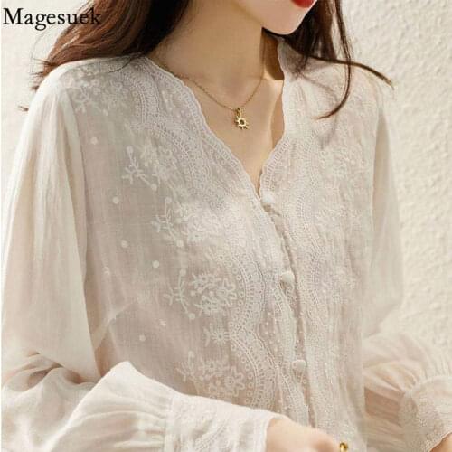 French Embroidery Flower Lace Womens Shirt V Neck Sweet Long Sleeve Linen Blouse Women Autumn Loose Elegant Sunscreen Top 16108