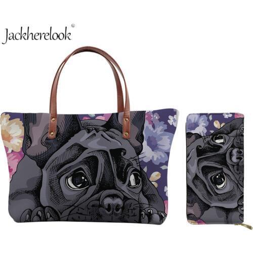 Jackherelook 2Pcs Floral Yorkie Shoulder Bag&Wallet Womens Leather Handbag&Purse set French Bulldog Cartoon Boston Terrier Bag