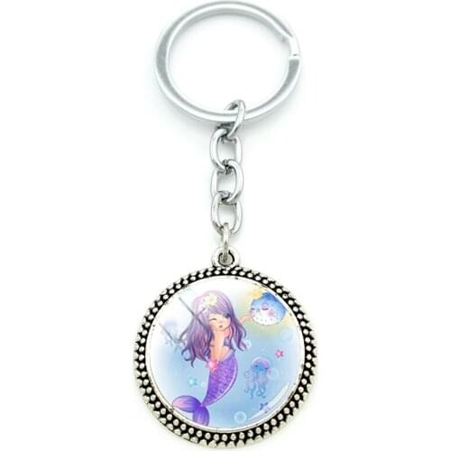 JWEIJIAO Mermaid Creative Design Glass Pendant Keychain Round Glass Beads Fashion Cabochon Keychain Metal Jewelry Girlfriend
