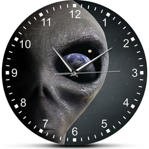Mystical Outer Space Extraterestrial Alien Modern Planet Alien Printed Acrylic Wall Clock Wall Hanging Watch Saucer Man Design