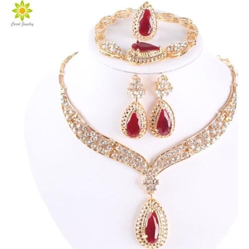 Fashion Crystal Necklace Collar Jewelry Sets For Women Party Accessories African Beads Earrings Bracelet Ring Sets Vintage Red