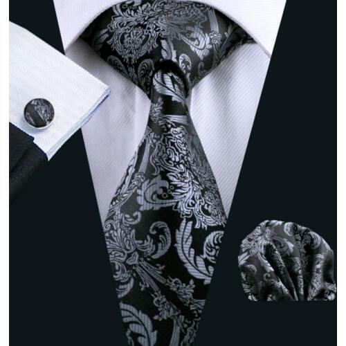 LS-822 Mens Tie Black Paisley 100% Silk Classic Barry.Wang Tie Hanky Cufflinks Set For Men Formal Wedding Party Groom Hot Sell
