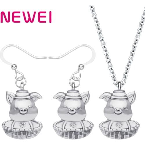 Newei Alloy Plated Antique Gold Lucky Pig Piggy Jewelry Sets Long Cute Animal Earrings Necklace For Lover Girl Wedding Accessory