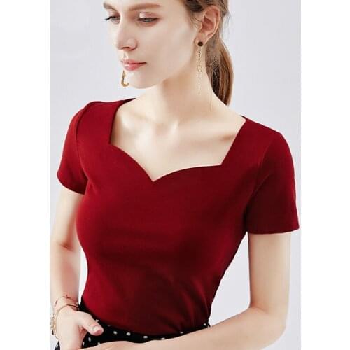 2021 Summer New Solid Color Slim T-shirt Women Short-sleeved French Retro Square Collar Sexy Clavicle Top