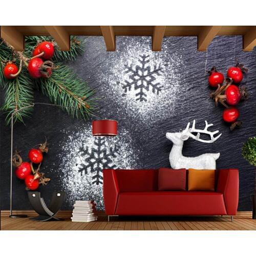 Papel de parede Christmas Berry Deer Branches Snowflakes wallpaper,living room bedroom TV sofa wall kids'room KTV bar cafe mural