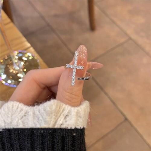 Origin Summer Temperament Minimalist Bling Bling Cross Ring for Women Delicate Shiny Rhinestone Open Index Finger Ring Jewellery