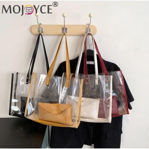 Casual All-match Pure Color PVC Handbags Fashion Women Transparent Shoulder Composite Bag Portable Large Capacity Shopping Purse