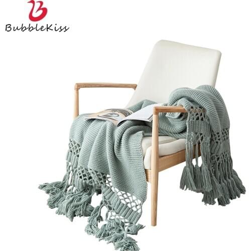 Bubble Kiss American Style Hollowed Design Blanket Hand Knitted Tassel Home Sofa Cover Blanket Solid Color Bedding Shawl Blanket