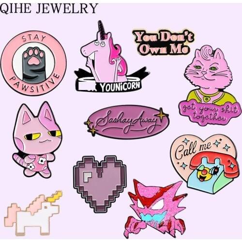 Pink Collection Enamel Pin Cat Horse Demon Secret File Record Heart Round Don't Own Me Badge For Girl Gift Brooch Pin Wholesale