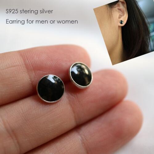 Fashion 100% real 925 sterling silver stud earrings for men women Pure S925 silver jewelry black earing unisex