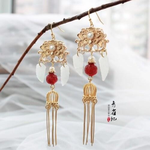 Chinese court pearl Natural stone tassel handmade Earrings hanfu dress cheongsam decoration QQJ