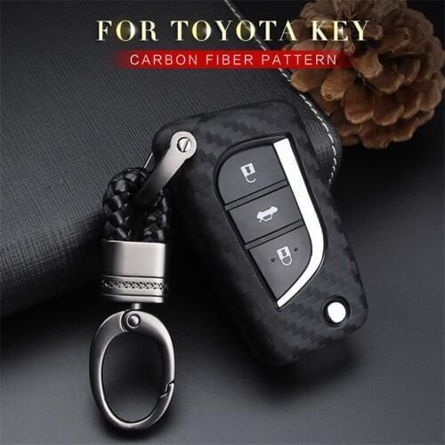Silica Gel Carbon Fiber Car Key Case Fob Cover For Toyota Yaris Rav4 Aygo Corolla Chr Prius Prado Camry Key Ring Shell Styling
