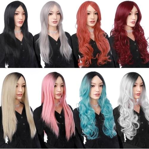 SNOILITE 24inch Ombre Long Wavy Hair Wigs Synthetic Red Pink Grey Middle Part Wig Heat Resistant Cosplay Party Wigs For Women