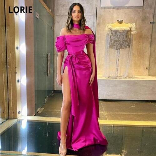 LORIE Dubai Evening Dresses Simple Strapless Short Sleeves Fushcia Side Split Satin Mermaid Prom Party Dress abiti da cerimonia
