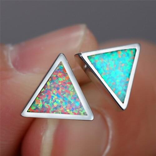 Vintage Silver Color Wedding Earrings Simple Fashion Triangle Small Stud Earrings Minimalist White Blue Opal Earrings For Women