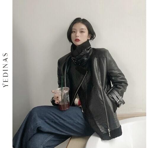 Yedinas Winter Thick Warm Parkas Women Black Pu Leather Coats Zipper Faux Leather Lambswool Jackets Motor Biker High Quality