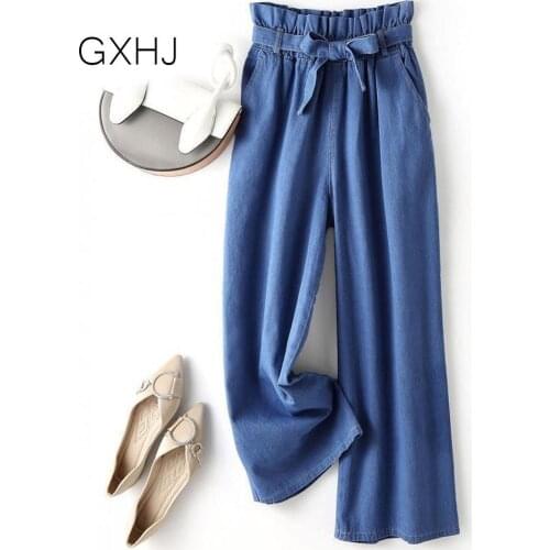 Women denim pants Woman High Waist rosette Jeans Vintage Casual Loose Full Length Wide Leg Denim Pants Female trousers LHJ190