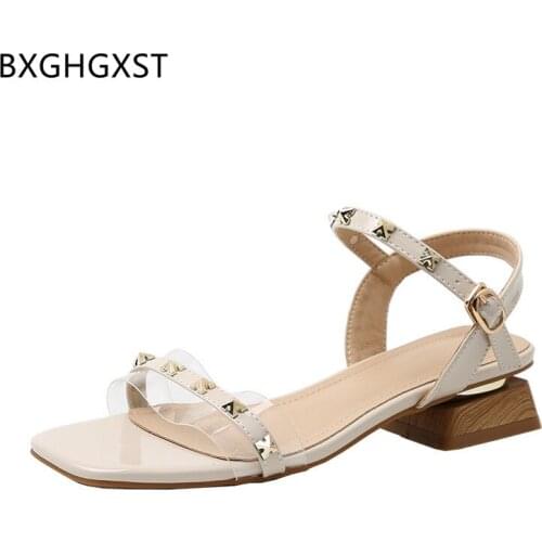 Ladies Shoes and Sandals Square Toe Heels Sandals Women Summer Rivet High Heels Sandals Women Pumps Women Shoes Transparent Heel