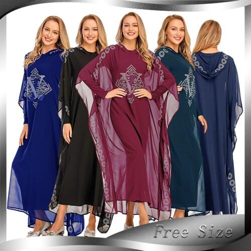 Womens Muslim Robe Rhinestone Chiffon Batwing Sleeve Hoodie Dress abaya turkey malaysia abya dress islamic