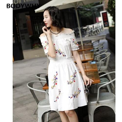 2020 Summer New National Style Bohemian Word Shoulder White Embroidery Dress Short Sleeve Dress Women