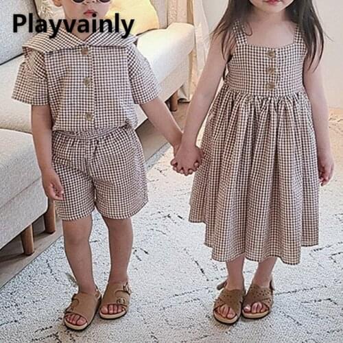 2021 Summer Brother and Sister Suit boys plaid Cotton Short Sleeve Shirts +Shorts Outfits girls slip dress Clothes E100281