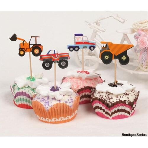 24Pcs Child Boy Birthday Party Cartoon Car Truck Excavators Cupcake Toppers Pick Wedding Cake Flag Decoration Supplies Gift