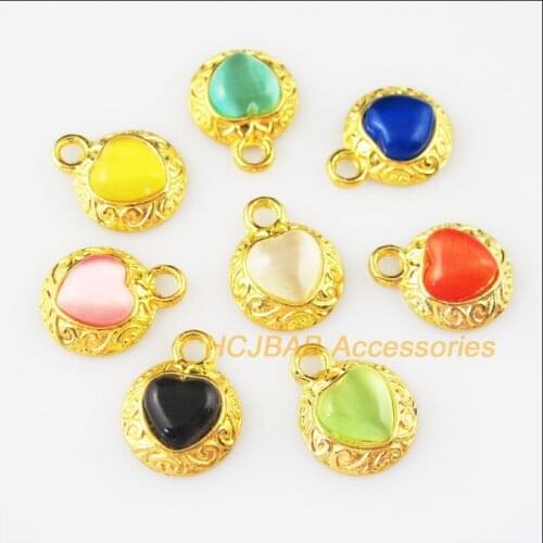 8 New Flower Heart Charms Mixed Cat Eye Stone Pendants Gold Color 13x16mm