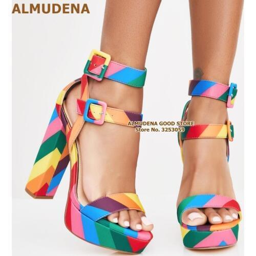 ALMUDENA Rainbow Strap Chunky Heel Sandals Multi-color Patchwork Platform Shoes Double Square Buckle Strap Banquet Shoes Pumps