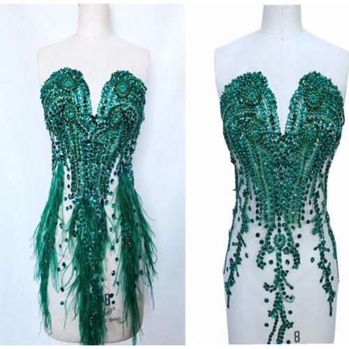 Hand made sew on Rhinestones applique on mesh deep green trim patches 66*34cm for wedding dress accessory 7 colour