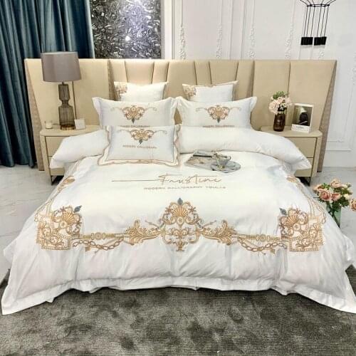 White Sateen Cotton Delicate Chic Embroidery Luxury Bedding Double Queen King 4Pcs Comforter Cover Bed Sheet Pillowcases 4/6Pcs