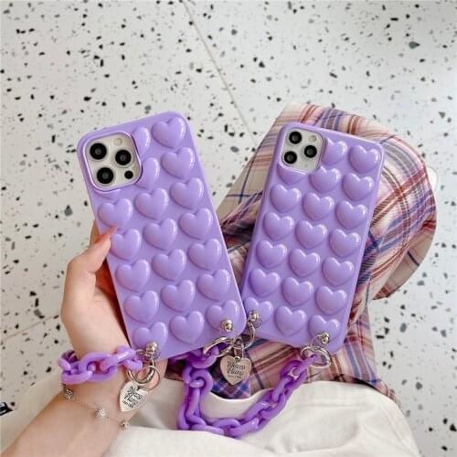 Cute 3D Love Heart Macaron Pink Candy Strap Chain Wrist Band Bracelet Case for iPhone 12 11 Pro XS Max XR X 7 8 Plus Soft Cover