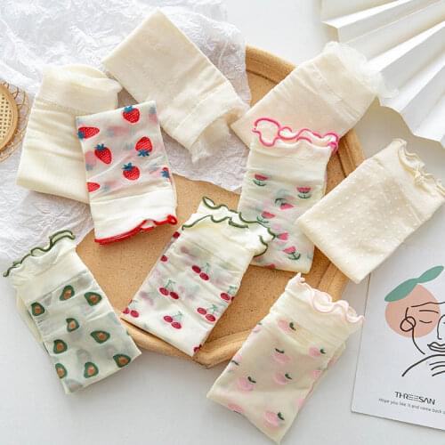 Cute Mid Tube Stockings Fruit Pattern Lace Thin Nice Gift Breathable 1Pair Women Sock Japanese Style Socks