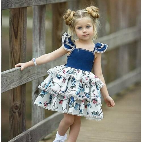 Summer Children Flower Party Dresses Cotton Kids Dress for Girls Clothing Flying Sleeve Lace Backless Puffy Princess Tutu Dress
