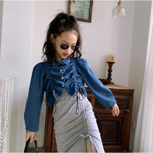 2020 Korean style girls denim coat full sleeve ruffles autumn girls coat 4-10t F596