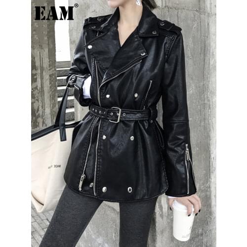 [EAM] Loose Fit Black Pu Leather Bandage Split ZipperJacket New Lapel Long Sleeve Women Coat Fashion Tide Spring 2021 1S708