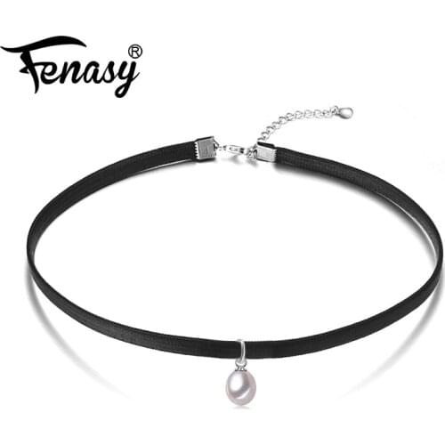 FENASY Pearl Choker Necklace Fashion Women 925 Sterling Silver Cage Freshwater Pearl Pendant Classic Style Black Rope Chain