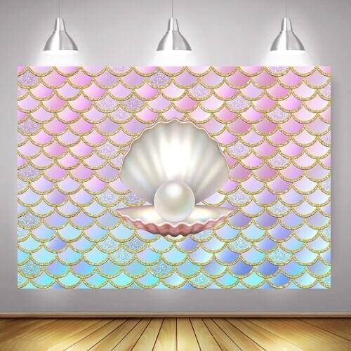 Photography Mermaid Birthday Party Banner Backdrop Mermaid Scales Shell Pearls Background Photocall for Photo Shoot Baby Shower