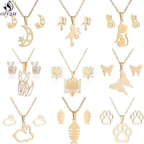 Origami Cat Jewelry Sets for Women Cute Animal Paw Fish Butterfly Earings Fashion Jewelry Simple Star Moon Necklace Gold Collier