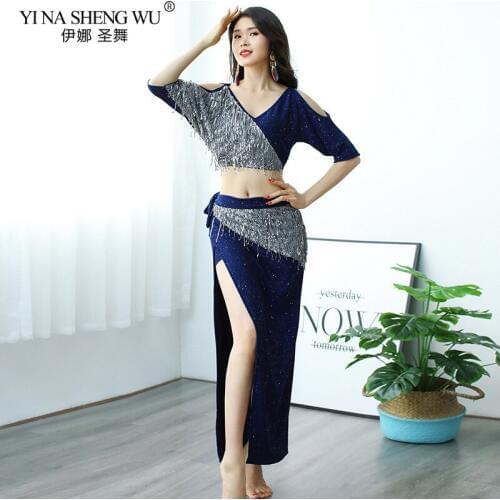 Belly Dance Sexy Long Split Skirt Costumes Lady Silver Tassel Sequin Oriental Dance Beginners Practice Set Top+Skirt Team Suit