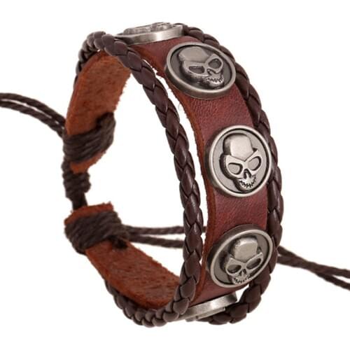 Fashion Hippie Rock Alien Skull Multi-layer Leather Bracelet Handmade Braided Charms Bangle Wrap Wristbands Hiphop Punk Jewelry